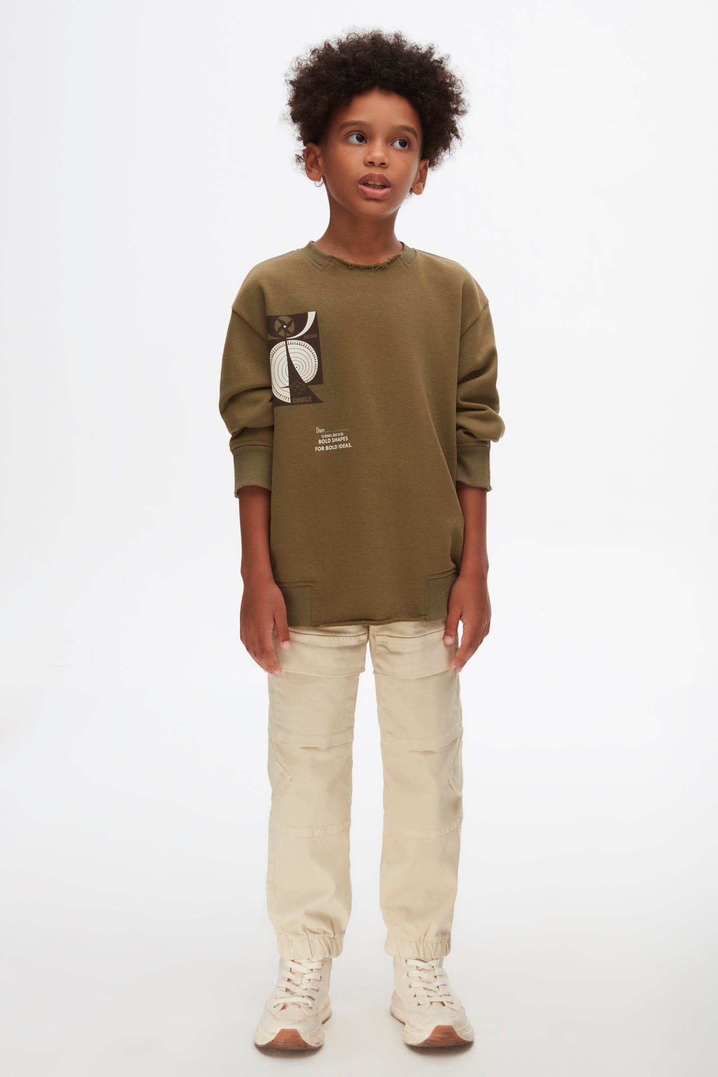 Olive green kids sweatshirt ,unisex soft cotton jumper with geometric print.