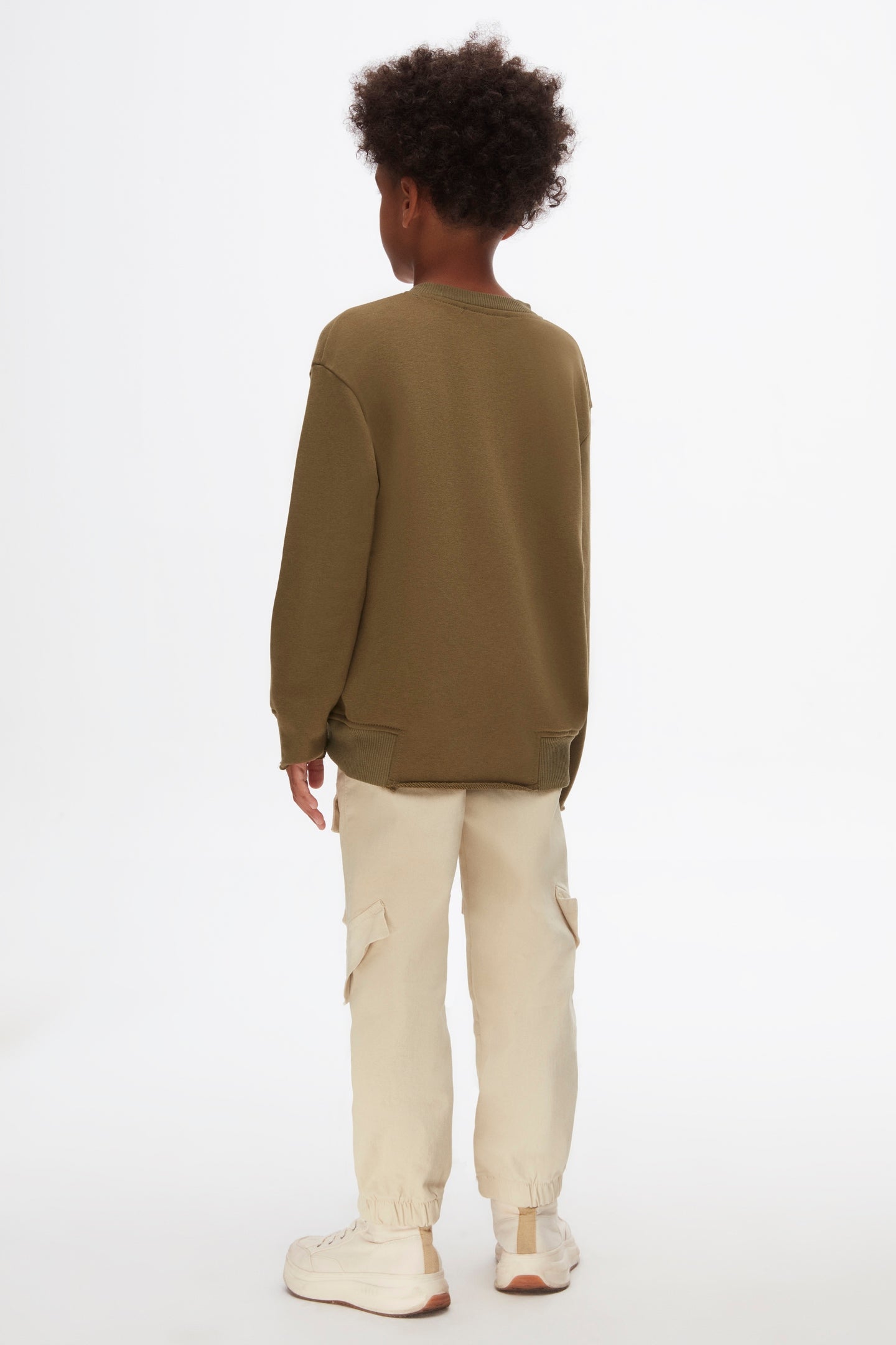 Olive green kids sweatshirt ,unisex soft cotton jumper with geometric print.