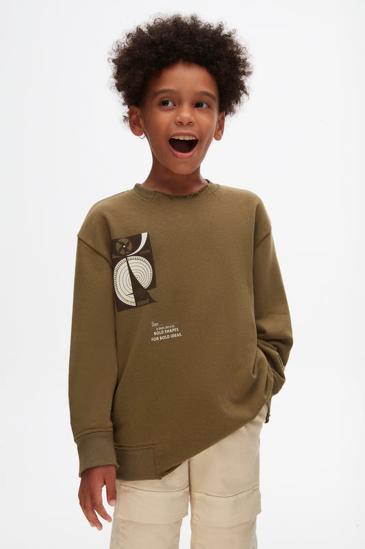 Olive green kids sweatshirt ,unisex soft cotton jumper with geometric print.