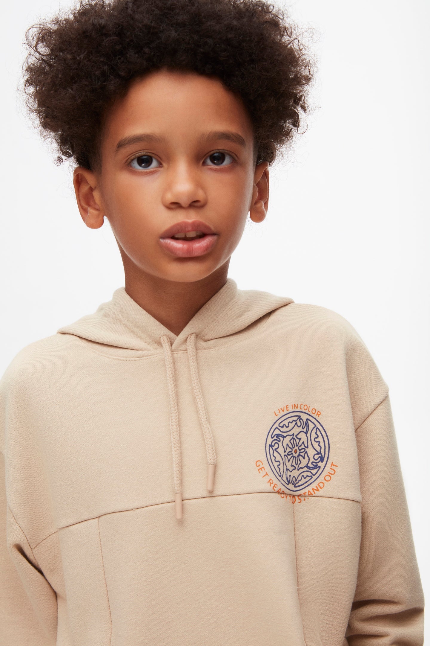 Kids oversized hoodie sweatshirt, beige colour.