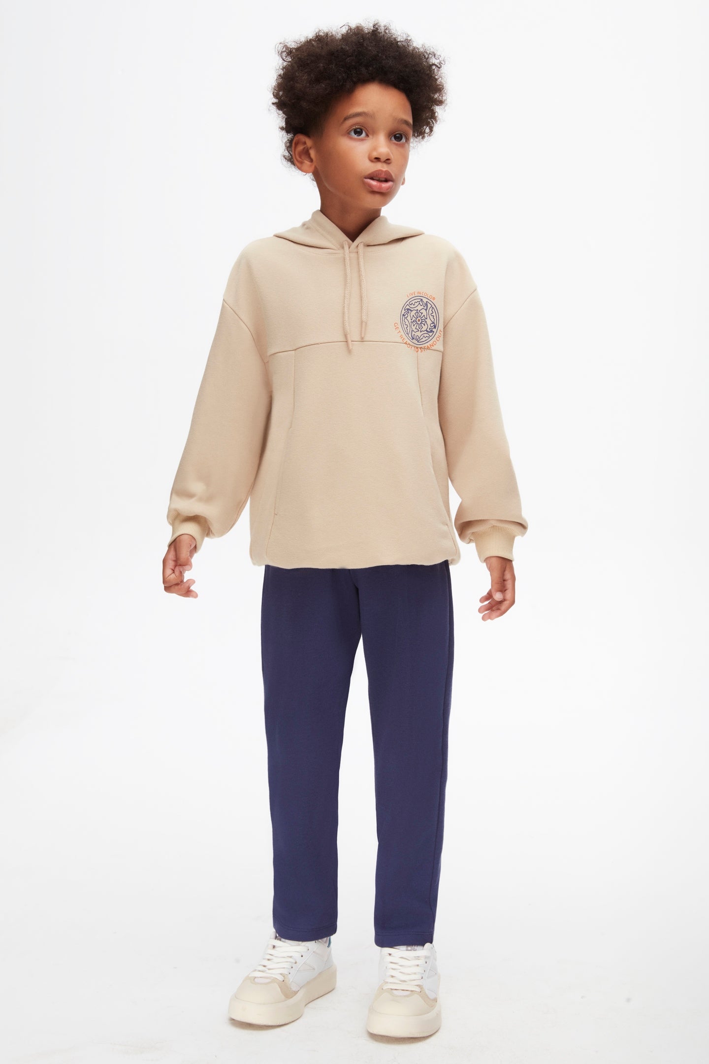 Kids oversized hoodie sweatshirt, beige colour.