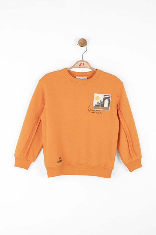 Boys and girls orange sweatshirt. The crew design and soft cotton fabric ensure a comfortable fit.